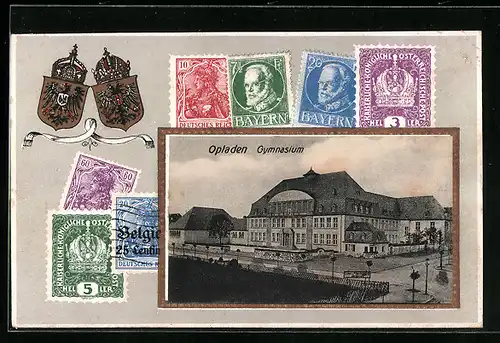 Passepartout-AK Opladen, Gymnasium, Wappen, Briefmarken Bayern, Österreich und Deutsches Reich