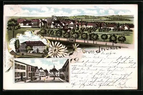 Lithographie Ittlingen, Ortsansicht mit Landstrasse, Hahnsches Haus, Strassenpartie mit Rathaus