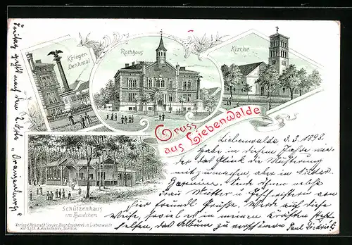 Lithographie Liebenwalde, Gasthaus Schützenhaus im Haidchen, Krieger-Denkmal, Kirche, Rathhaus