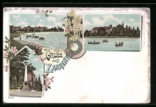 Lithographie Zarrentin, Kriegerdenkmal, Partie am See