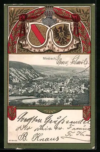 Passepartout-Lithographie Mosbach, Gesamtansicht des Ortes, Wappen