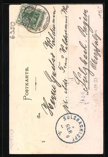 Passepartout-Lithographie Mosbach, Gesamtansicht des Ortes, Wappen