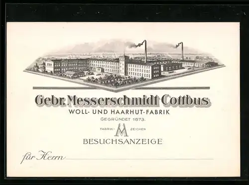 Lithographie Cottbus, Gebr. Messerschmidt, Woll- und Haarhut-Fabrik, Gesamtansicht