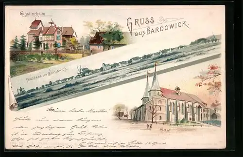 Lithographie Bardowick, Panorama mit Künstlerheim und Dom