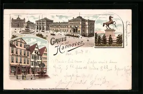 Lithographie Hannover, Bahnhof, Schloss-Restaurant, Sachsenross