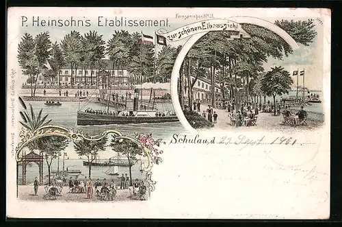 Lithographie Schulau, P. Heinsohn`s Etablissement zur schönen Elbaussicht, Dampfer