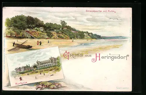 Lithographie Heringsdorf, Strandpartie mit Kulm, Kurhaus