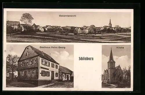 AK Schönborn /Hunsrück, Gasthaus Zur guten Quelle von Heinr. Georg, Kirche
