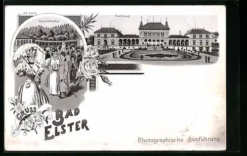 Lithographie Bad Elster, Kurhaus, Wandelbahn