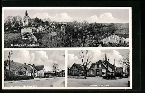 AK Gleschendorf, Dorfpartie mit Kaufhaus Lütt, Gesamtansicht, Bäckerei v. W. Pump