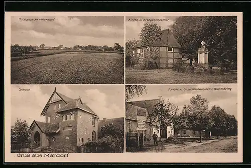 AK Mardorf, Dorfstrasse und Geschäftshaus Heinrich Dankenbring, Kirche und Kriegerdenkmal