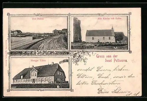 AK Pellworm, Der Hafen, Hooger Fähre, Alte Kirche mit Ruine