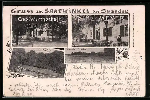 AK Berlin-Spandau, Gasthaus Saatwinkel von Franz Meyer, Ansicht vom Wasser, Dampfer-Brücke