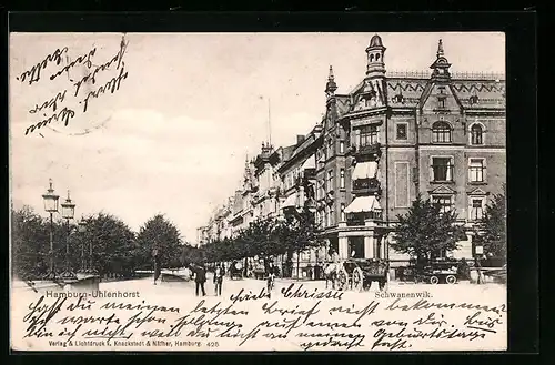 AK Hamburg-Uhlenhorst, Strasse Schwanenwik mit Pferdewägen