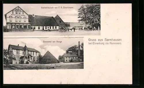 AK Harmhausen bei Ehrenburg, Gasthaus von F H. Buschmann, Brennerei von Runge