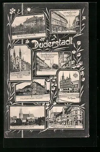 AK Duderstadt, Königl. Gymnasium, Rathaus, Spiegelbrücke mit Westerturm