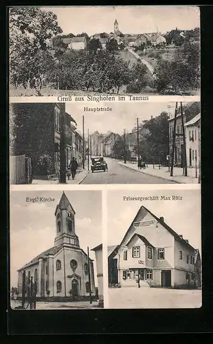 AK Singhofen im Taunus, Ortsansicht, Hauptstrasse, Evgl. Kirche, Friseurgeschäft Max Rölz