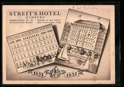AK Hamburg-Neustadt, Streits Hotel, Bes.: Frau Ludw. Vogt, Jungfernstieg 38-39