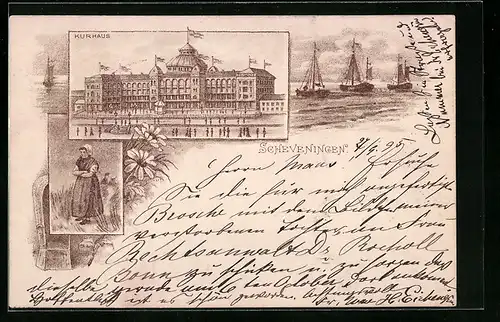 Vorläufer-Lithographie Scheveningen, Kurhaus, Hafenpartie 1895