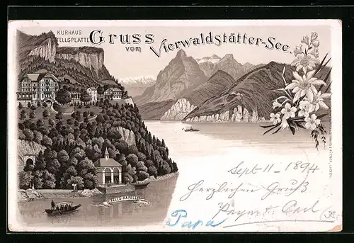 Vorläufer-Lithographie Vierwaldstättersee, Kurhotel Tellsplatte mit Tellskapelle 1894