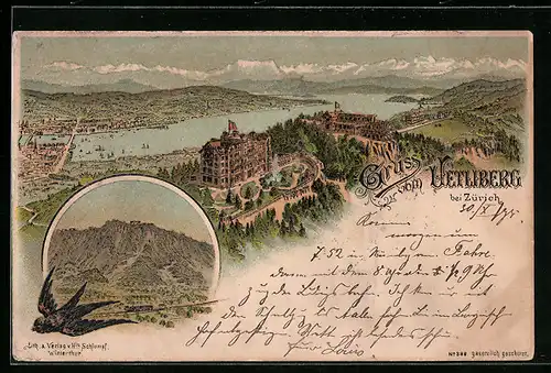 Vorläufer-Lithographie Zürich, Ortsansicht mit Gasthaus auf dem Uetliberg 1895