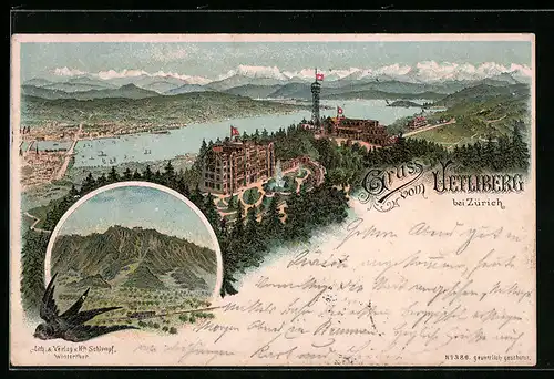 Vorläufer-Lithographie Zürich, Ortsansicht mit Gasthaus auf dem Uetliberg 1895