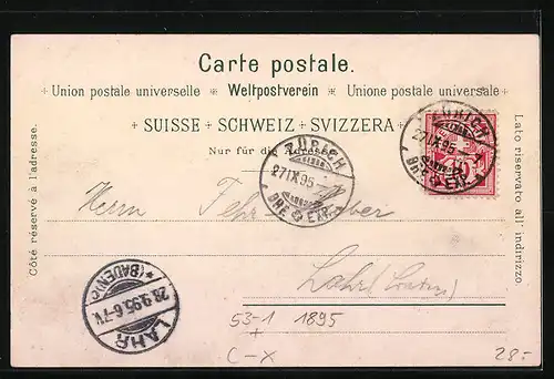 Vorläufer-Lithographie Zürich, Ortsansicht mit Gasthaus auf dem Uetliberg 1895