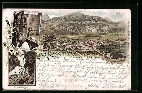 Vorläufer-Lithographie Meyringen, Panorama mit Aareschlucht und Reichenbachfall 1895