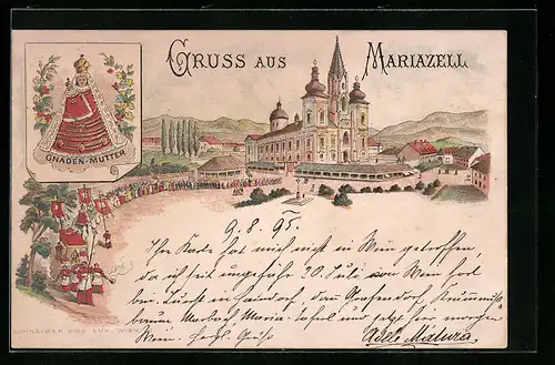 Vorläufer-Lithographie Mariazell, Ortsansicht mit Gnaden-Mutter 1895