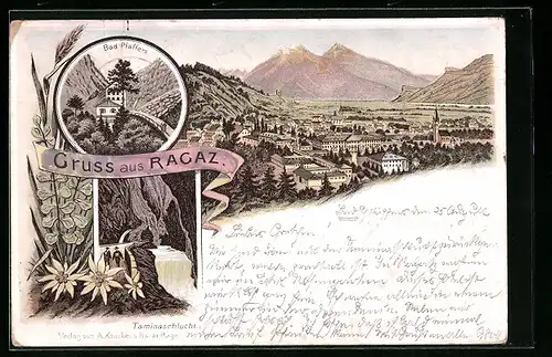 Vorläufer-Lithographie Ragaz, Ortsansicht, Bad Pfäffers, Taminaschlucht 1895