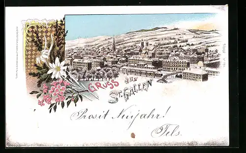 Winter-Lithographie St. Gallen, Gesamtansicht mit Edelweiss