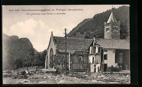 AK Schmitten, Beschädigte und gefährdete Kirche im Überschwemmungsgebiet Prättigau