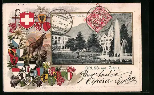 Passepartout-Lithographie Glarus, Neuer Bahnhof, Schweizer Wappen, Bergziege