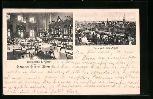 AK Bern, Ortsansicht mit Alpen, Bahnhof-Buffet, Restaurant I. Classe