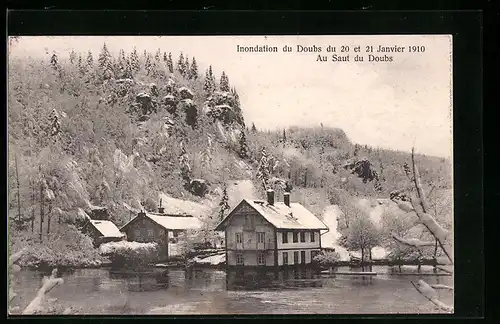 AK Les Brenets, Inondation du Doubs du 20 en 21 Janvier 1910, Au Saut du Doubs