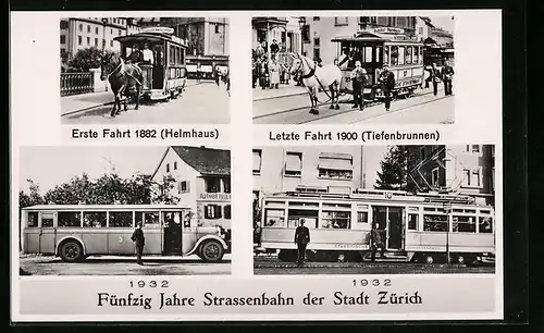 AK Zürich, Fünfzig Jahre Strassenbahn der Stadt Zürich, Erste und letzte Fahrt der Pferdebahn, Bus und Strassenbahn 1932