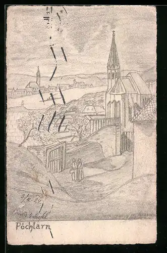 Künstler-AK Handgemalt: Pöchlarn, Teilansicht mit Fluss und Kirchen