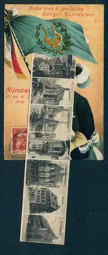 AK Nürnberg, Gruss vom 8. Sänger-Bundesfest 1912, Sänger mit Standarte, Schöner Brunnen, Dürerhaus, Leporello