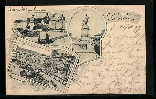 AK Genova, Grand Hotel Isotta, Monumento a Cristoforo Colombo, Piazza Caricamento