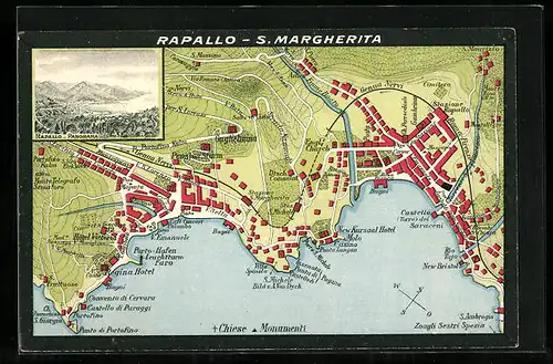 AK Rapallo-S. Margherita, Karte der Stadt, Panorama