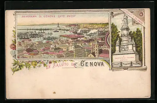 Lithographie Genova, Panorama, Monumento C. Colombo