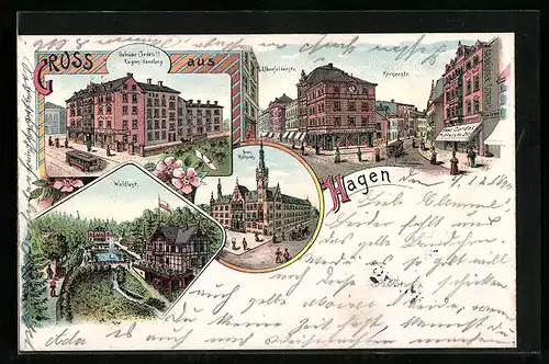 Lithographie Hagen, Gebrüder Cordes Engros-Handlung, Neues Rathaus, Waldlust