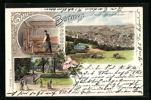 Lithographie Barmen, Ortsansicht von der Bergbahn, Webstuhl der Barmer Industrie