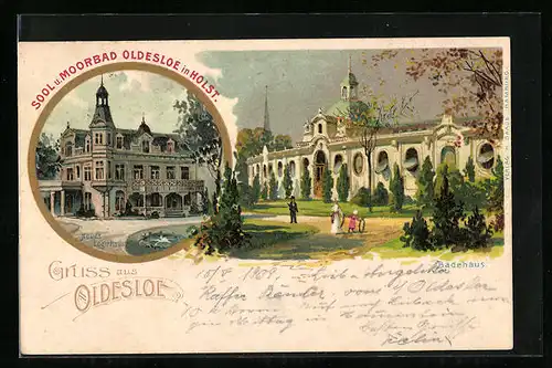 Lithographie Oldesloe, Neues Logierhaus, Badehaus