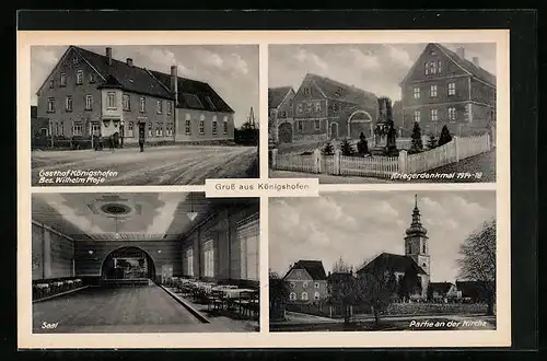 AK Königshofen, Gasthof, Innenansicht Saal, Kriegerdenkmal 1914-18