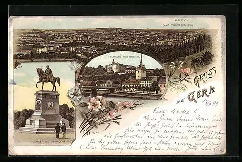 Lithographie Gera, Kaiser Wilhelm-Denkmal, Schloss Osterstein
