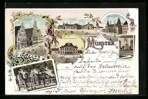 Lithographie Münster i. W., Bahnhof, Dom, Rathaus