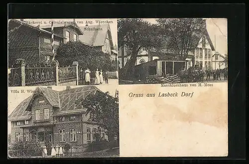AK Lasbeck Dorf, Bäckerei u. Colonialwaren von Aug. Wiencken, Maschinenhaus von H. Moss