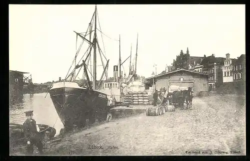 AK Lübeck, Hafen mit Schiff Stralsund I