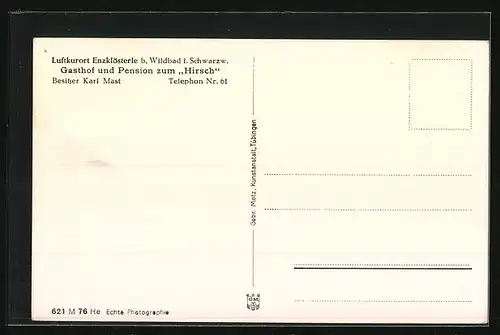 AK Enzklösterle b. Wildbad, Gasthof und Pension zum Hirsch